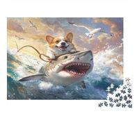 Requin à Cheval Corgi Puzzles 1000 Pieces Cadeau Unique Océan tempête Jeu Éducatif Challenge Toy À De Qualité Supérieure Peinture Art pour Adultes Et Enfants 1000pcs (75x50cm)