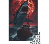 Requin Géant Puzzle 1000 Pièces Papier pour Adultes Nuit de Lune Rouge Bateau Puzzle en Famille Décoration 52x38cm/1000pcs