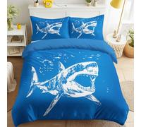 Requin Illustration bleu et blanc Parure de Lit Fermeture Éclair Moderne Cartoon Ligne Animal Océan Housse de Couette Bleu denim Facile à Repasser 150 x 200 Parure de Lit für Filles & Garçons