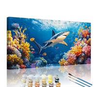 Requin Peinture Numero Adulte Fond de la mer Peinture par Numero pour Adulte Débutants DIY Kits, Numéros Coloré Toile, Acrylique et 3 Pinceaux, Décor Intérieure Maison, Créatif Cadeau 60x120cm XY#133