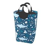 Requin souriant Animaux marins Poissons Étoile de mer Bleu,Panier à linge pliable, grand bac de rangement résistant avec poignées, 50 L