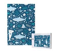 Requin Souriant Animaux Marins Poissons Étoile de mer Bleu,Puzzle Familial en Bois de 1 000 pièces pour Adultes et Adolescents