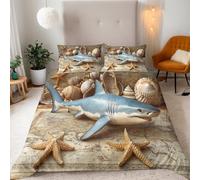 Requins Et Coquillages Housse de Couette 200x200 cm avec 2 Taie Oreillers 65x65 cm Microfibre Super Douce - Style Aventure Océanique Imprimé 3D Haute Définition,Parfait pour Adultes et Enfants