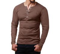 ReRock by Young & Rich T-shirt à manches longues pour homme avec boutonnière et col en V - T-shirt Henley à la coupe ajustée avec de grands boutons - T-shirt Serafino - Marron - Medium