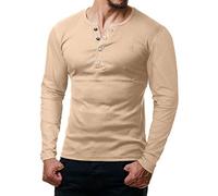 ReRock by Young & Rich T-shirt à manches longues pour homme avec boutonnière et col en V - T-shirt Henley à la coupe ajustée avec de grands boutons - T-shirt Serafino - Beige - Large