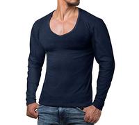 ReRock by Young & Rich T-Shirt à Manches Longues pour Homme avec col en V Profond - T-Shirt à Manches Longues en V uni Slim fit - Tailles S à 3XL - Bleu foncé, XXL