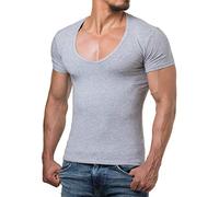 ReRock RR-1315 pour Young & Rich 1315 T-shirt homme à col en V profond uni T-shirt de fitness - Taille S à 3XL, gris, S