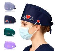 REROON 4 Pcs Adjustable Nurse Scrub Cap Women with Button | Elastic Bandage Surgical Caps with Sweat Towel | Tie Back Bouffant Turban Ponytail Nurse Hats Hair Cover for Work | Unisex | Multiple Color
