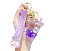 Rertnocnf Joli porte-clés animal flottant liquide Kawaii porte-clés sac à dos breloque bracelet porte-clés pour fille et femme, W. Bear Tasse à lait Violet, 5 * 3 * 3.7 cm