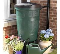 Réservoir d'eau de 200 litres effet bois vert fut 200l plastique avec couvercle de verrouillage sans danger pour les enfants, support et kit de tuyau d'évacuation de la pluie.