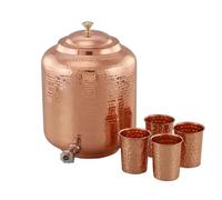 Réservoir d'eau de stockage en cuivre pur fabriqué à la main avec robinet | Distributeur d'eau | Pot d'eau | Pichet en cuivre avec 4 verres martelés (cuivre, 12 litres)