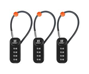 RESET Cadenas à combinaison 4 chiffres, câble de 10 cm, noir, lot de 3 | Trois cadenas sans clé à 4 chiffres avec câbles courts de 10 cm pour tirettes de fermeture éclair, petits œillets et boîtes.