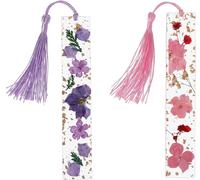 Resin Bookmark With Clear Dried Flower Hand Pressed With Tassel Bookmark For Women Kids Holiday Gift (Style A) (2 Pack)