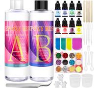 Resine Epoxy Transparente 2 Parties 400ml, Kit Résine Epoxy Complet, Avec Colorant, Paillettes, Tasses À Mesurer, Pour Bricolage Fabrication De Bijoux, Collier, Porte Clés