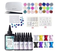 Résine époxy UV transparent incolore 100ML + résine couleur 8x30ML + 3 moules pour créations de bijoux Boucles d'oreilles pendantes + Lampe UV + 24 paillettes holographiques + coquilles de nacre