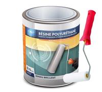 Résine polyuréthane brillante 750 ml mono- composant, incolore, vernis, vitrificateur, protection polyvalente, multi-usages et son rouleau adapté à la bonne application de la résine. 750 ML Brillant