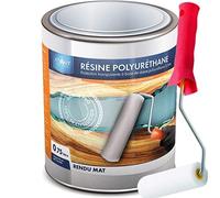 Résine polyuréthane MAT 750 ML mono- composant, incolore, vernis, vitrificateur, protection polyvalente, multi-usages et son rouleau adapté à la bonne application de la résine. 750 ML Mat