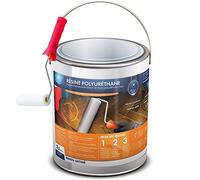 Résine polyuréthane SATIN 2.5L mono- composant, incolore, vernis, vitrificateur, protection polyvalente, multi-usages et son rouleau adapté à la bonne application de la résine.