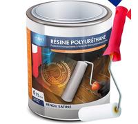 Résine polyuréthane SATIN 750ML mono- composant, incolore, vernis, vitrificateur, protection polyvalente, multi-usages et son rouleau adapté à la bonne application de la résine.