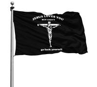 Résistant À La Décoloration Drapeau De Jardin Couleurs Vives Bannière Extérieure Jésus T'Aime Mais Je Ne Vais Pas Me Faire Foutre 90X150Cm Drapeaux De Pirate Pour Fête Manif Extérieur