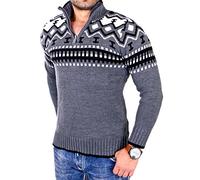 Reslad Pull d'hiver en tricot à col rond et fermeture éclair pour homme - Pull norvégien RS-3110, anthracite, XL