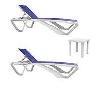 RESOL Marina-Andorra Chaise Longue-Table Auxiliaire Extérieur Set 2+1 | Jardin, terrasse, Plage, Piscine | désign, léger, empilable, inclinable, Roues, Dessous de Verre | STR. Blanche - Text. Bleu