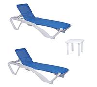 Resol Set 2 chaises Longues Acqua et 1 Table auxiliaire Andorra | Chaises Longues empilables avec roulettes, Dossier réglable | Meubles de Jardin Extérieur | Blanc et Textilene Bleu