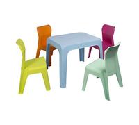 RESOL Set de table pour enfant avec chaises | 4 chaises pour enfants et table en plastique | empilables et très faciles à nettoyer et à entretenir | Table bleue + 4 chaises Fuchsia/Menthe Aquamint/Orange/Lime