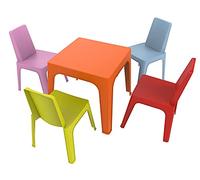 RESOL Set Julieta: Table et 4 chaises pour Enfants. Meubles pour Enfants pour extérieur ou intérieur. pour Jardin, Patio, Balcon ou terrasse - 1 Table Orange + 4 chaises Rouge/Rose/Bleu/Citron