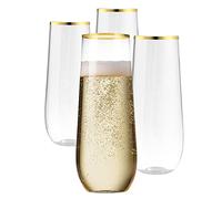 RESOYE Lot de 4 flûtes à champagne sans pied - 255 ml - Bord doré - En plastique transparent - Pour cocktail, fête, mariage, anniversaire