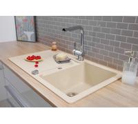 Évier Respekta Austin en granit massif 86 x 50 / Résistant à la chaleur/Égouttoir biseauté/Montage encastré et sous plan / 1 bac/Pour meubles sous évier à partir de 45 cm de largeur/Vanille