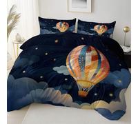 Respirable literie Réversible 240 x 260 cm 3 Pièces - Bleu-gris Microfibre Imprimée housse de couette , Dessin animé ciel nocturne montgolfière étoiles avec et taie d'oreiller 65 x 65 cm en machine