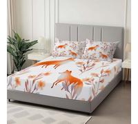 Respirant Drap-Housse 180 x 200 cm Animal Renard Plante avec élastique Drap-Housse Microfibre Doux, Antidérapants Résistant aux Rides Parure de lit, Blanc