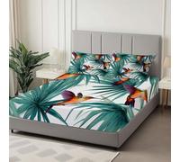 Respirant Drap-Housse 180 x 200 cm Oiseaux Tropicaux Et Feuilles De Palmier avec élastique Drap-Housse Microfibre Doux, Antidérapants Résistant aux Rides Parure de lit, Bleu-Vert