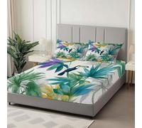 Respirant Drap-Housse 180 x 200 cm Plantes Et Oiseaux De La Forêt Tropicale Humide avec élastique Drap-Housse Microfibre Doux, Antidérapants Résistant aux Rides Parure de lit, Gris