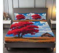 Respirant Drap-Housse 90 x 190 cm Cabane De Photographie Érable Rouge Herbe avec élastique Drap-Housse Microfibre Doux, Antidérapants Résistant aux Rides Parure de lit, Rouge Et Bleu