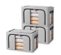 Resszo Lot de 3 Boite Rangement Vetement & Sac Rangement Vetement, 24L Pliable avec Cadre Métallique, Rangement Vetement pour Édredons, Couvertures & Vêtements - Gris