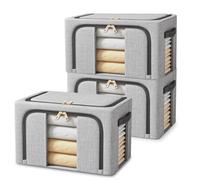 Resszo Lot de 3 Boite Rangement Vetement & Sac Rangement Vetement, 24L Pliable avec Cadre Métallique, Rangement Vetement pour Édredons, Couvertures & Vêtements - Gris