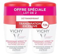 Restez au sec 72h même en cas de forte transpiration avec VICHY LABORATOIRES Déodorant Détranspirant Intensif sans alcool, lot de 2x50mL - Lot de 2