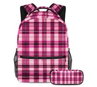 Restez élégant avec notre ensemble de cartables, sac à dos et trousse à crayons, motif écossais rétro rose, Multicolore #01, B：29.4x20x40cm P：19x7.5x3.8cm, Sacs à dos de jour