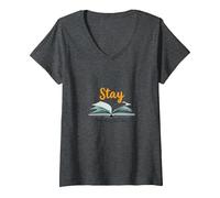 Restez, Votre Histoire n'est Pas terminée, Source d'inspiration pour Les Amateurs de Livres T-Shirt avec Col en V, Femme, Chiné Foncé, L