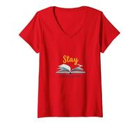 Restez, Votre Histoire n'est Pas terminée, Source d'inspiration pour Les Amateurs de Livres T-Shirt avec Col en V, Femme, Rouge, S