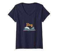 Restez, Votre Histoire n'est Pas terminée, Source d'inspiration pour Les Amateurs de Livres T-Shirt avec Col en V, Femme, Bleu Marine, S