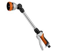 RESTMO Arroseur de Jardin en Métal, 42 cm de Long, avec Manche, Tête Pivotante à 180°, avec Contrôle du Débit, 7 Modes de Pulvérisation, Baguette Magique pour Suspensions de Fleurs et Arbustes, Orange