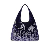 Restyle Hobo Stargazer Grand sac fourre-tout en velours bleu nuit pour ordinateur portable et dossiers A4 Sac à bandoulière avec broderie mystique lune et mites Style forêt