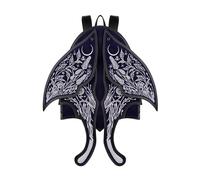 Restyle Umbra Noctis Sac à dos avec ailes de mites brodées argentées | Style céleste en daim vegan bleu nuit | Esthétique Whimsigoth et mystique | Poignées de lune croissante