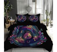 Résumé Disque Vinyle Sets de Housse Couette 240x260cm 3 Pièces Adulte 2 Personnes Réversible Motif Notes Psychédéliques Musicales Noir,Parure de Lit avec Fermeture Éclair+ 2 Taies d'oreiller 65x65 cm