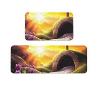 Resurrection Morning Lot de 2 tapis de cuisine antidérapants en bois avec croix et lumière divine