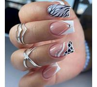 Resweky 24 Pcs Carré Moyen Ongles Faux Brillant Cristal Rose Nu Ongles Français Impression sur Ongles Couverture Complète Acrylique Ongles pour Femmes