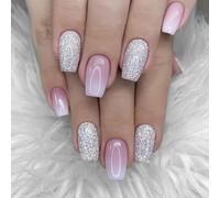 Resweky 24 Pcs Carré Moyen Ongles Faux Paillettes Rose Nude avec Impression Français, Couverture Complète Acrylique pour Femmes